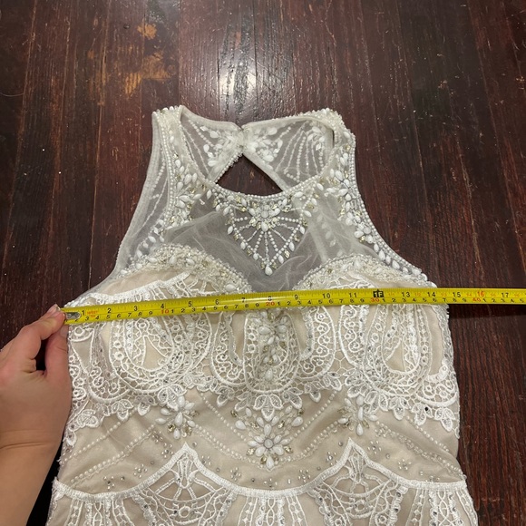 White lace and beaded lace midi dress with high neck and low back - Picture 7 of 15